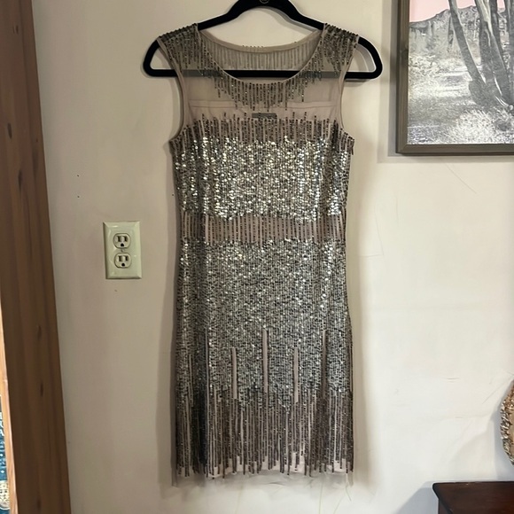 Adrianna Papell Taupe Brown Illusion Yoke Beaded Sheath Dress Size 2 - Picture 2 of 15